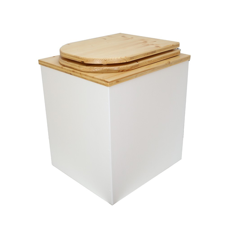  Toilette sèche rehaussée en bois blanc/huilé complète avec seau 20 litres et bavette inox