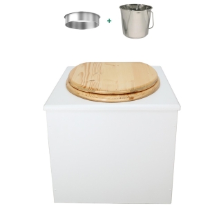Toilette sèche bois blanc avec seau inox, bavette inox, abattant huilé