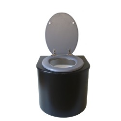 Toilette sèche en bois arrondie noire avec seau plastique 22L et bavette inox. Abattant gris