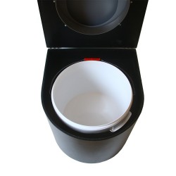 Toilette sèche en bois arrondie noire avec seau plastique 22L et bavette inox. Abattant gris