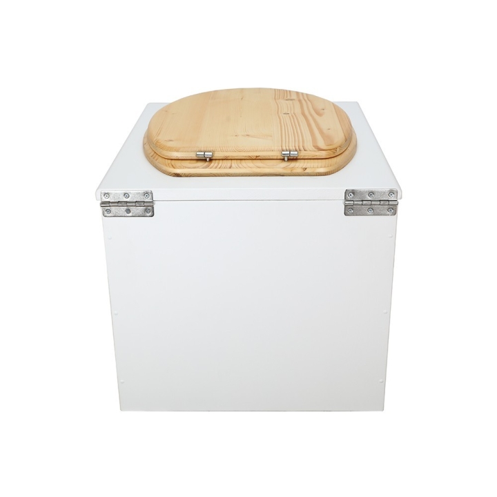  Toilette sèche en bois blanc complète avec seau inox 22 litres et bavette inox Ø30 cm - abattant bois huilé