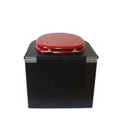 Toilette sèche en bois arrondie noire avec seau plastique 22L et bavette inox. Abattant rouge