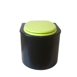 Toilette sèche en bois arrondie noire avec seau plastique 22L et bavette inox. Abattant vert