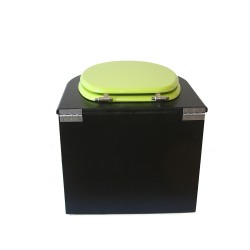 Toilette sèche en bois arrondie noire avec seau plastique 22L et bavette inox. Abattant vert