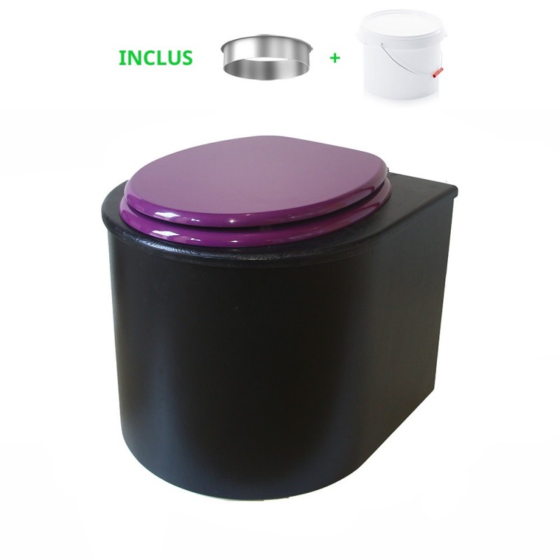Toilette sèche en bois arrondie noire avec seau plastique 22L et bavette inox. Abattant violet