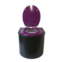 Toilette sèche en bois arrondie noire avec seau plastique 22L et bavette inox. Abattant violet