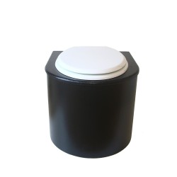 Toilette sèche en bois arrondie noire avec seau inox et bavette inox. Abattant blanc