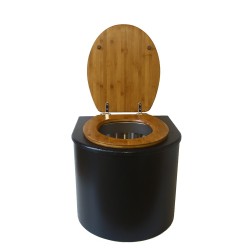 Toilette sèche en bois arrondie noire avec seau inox et bavette inox. Abattant bambou