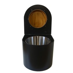 Toilette sèche en bois arrondie noire avec seau inox et bavette inox. Abattant bambou