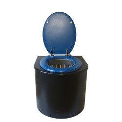 Toilette sèche en bois arrondie noire avec seau inox et bavette inox. Abattant bleu nuit