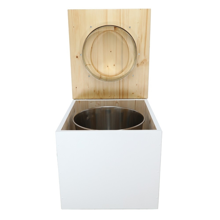  Toilette sèche en bois blanc/huilé complète avec seau inox 22 litres et bavette inox - abattant bois huilé