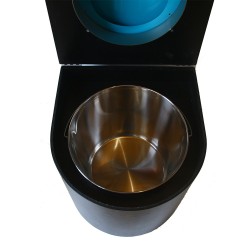Toilette sèche en bois arrondie noire avec seau inox et bavette inox. Abattant bleu turquoise