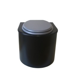 Toilette sèche en bois arrondie noire avec seau inox et bavette inox. Abattant gris
