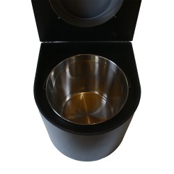 Toilette sèche en bois arrondie noire avec seau inox et bavette inox. Abattant gris