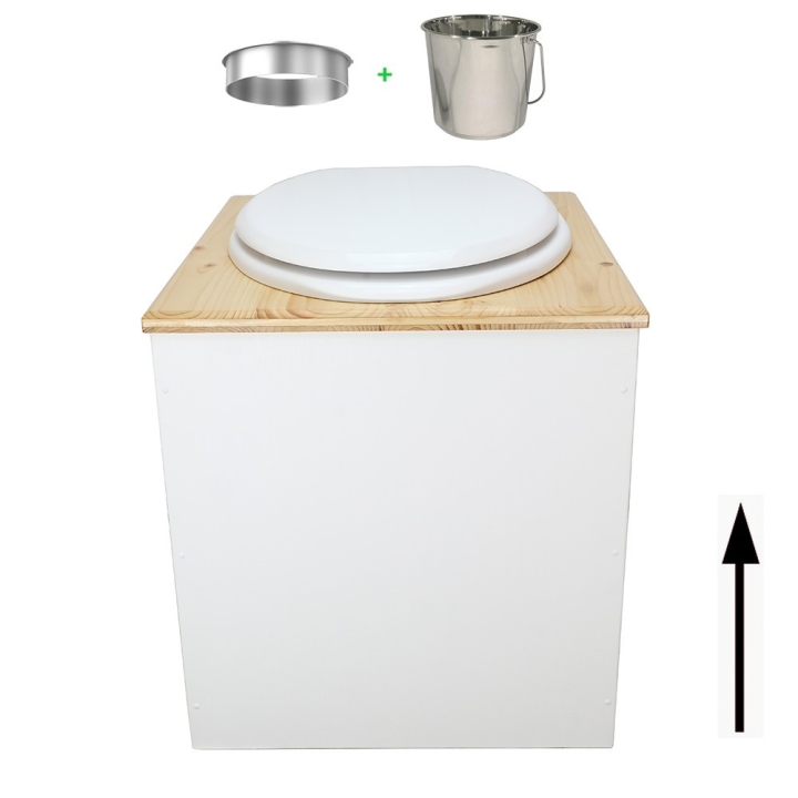 Toilette sèche rehaussée en bois blanc/huilé complète avec seau inox et bavette inox - abattant blanc