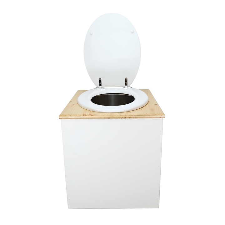  Toilette sèche rehaussée en bois blanc/huilé complète avec seau inox et bavette inox - abattant blanc