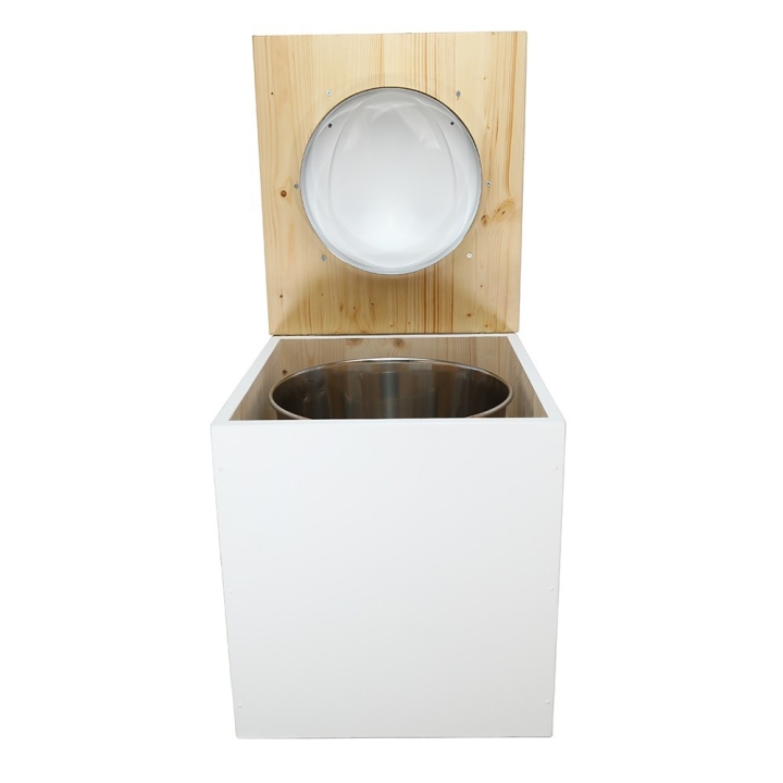  Toilette sèche rehaussée en bois blanc/huilé complète avec seau inox et bavette inox - abattant blanc
