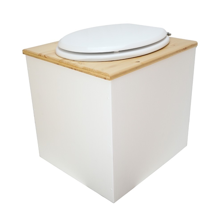  Toilette sèche rehaussée en bois blanc/huilé complète avec seau inox et bavette inox - abattant blanc