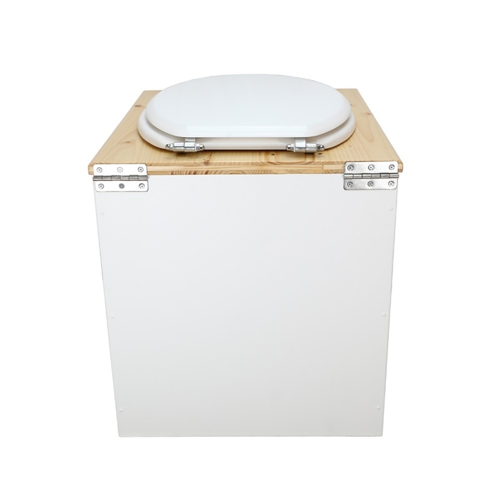  Toilette sèche rehaussée en bois blanc/huilé complète avec seau inox et bavette inox - abattant blanc
