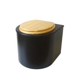 Toilette sèche en bois arrondie noire avec seau inox et bavette inox. Abattant bois huilé