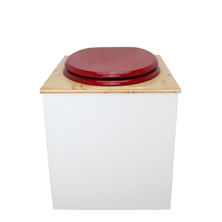  Toilette sèche rehaussée en bois blanc/huilé complète avec seau inox et bavette inox - abattant rouge