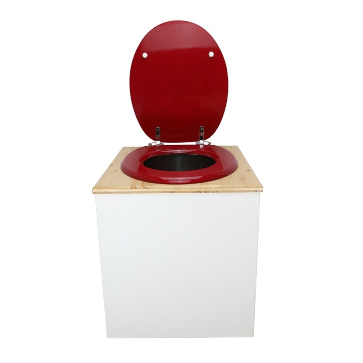  Toilette sèche rehaussée en bois blanc/huilé complète avec seau inox et bavette inox - abattant rouge
