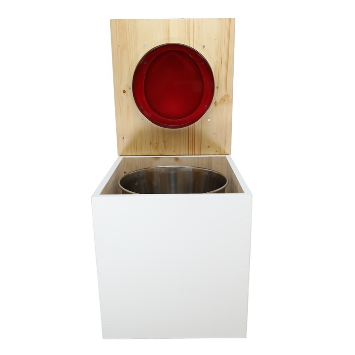  Toilette sèche rehaussée en bois blanc/huilé complète avec seau inox et bavette inox - abattant rouge