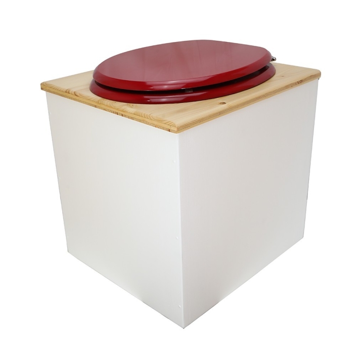  Toilette sèche rehaussée en bois blanc/huilé complète avec seau inox et bavette inox - abattant rouge