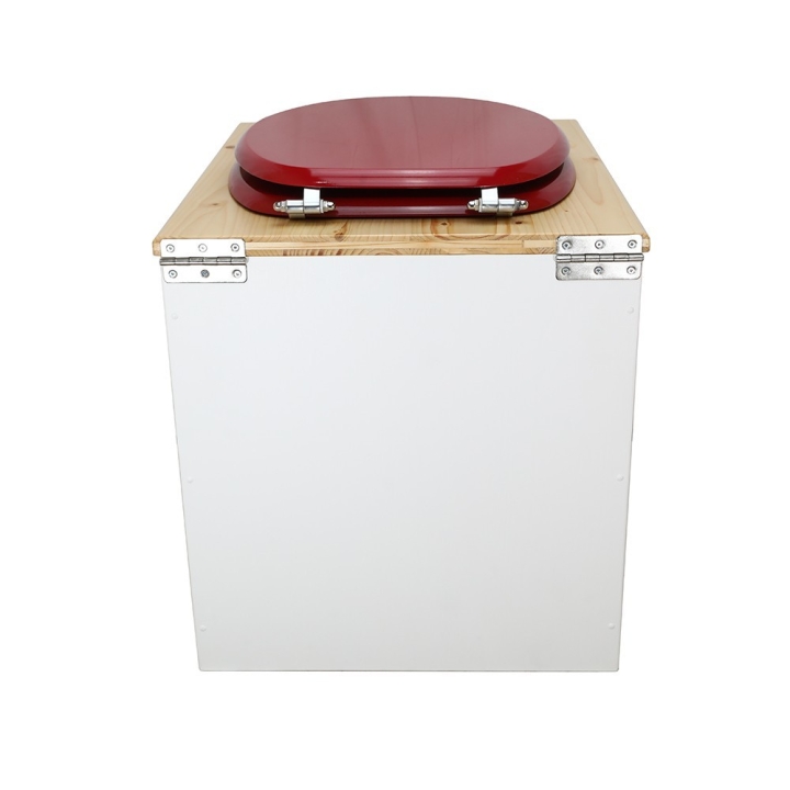  Toilette sèche rehaussée en bois blanc/huilé complète avec seau inox et bavette inox - abattant rouge