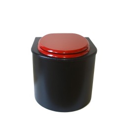 Toilette sèche en bois arrondie noire avec seau inox et bavette inox. Abattant rouge