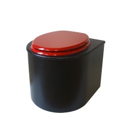 Toilette sèche en bois arrondie noire avec seau inox et bavette inox. Abattant rouge