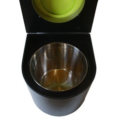 Toilette sèche en bois arrondie noire avec seau inox et bavette inox. Abattant vert