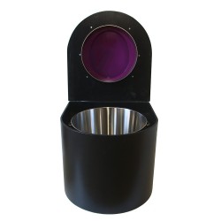 Toilette sèche en bois arrondie noire avec seau inox et bavette inox. Abattant violet