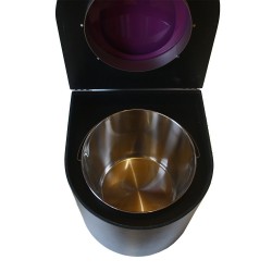 Toilette sèche en bois arrondie noire avec seau inox et bavette inox. Abattant violet