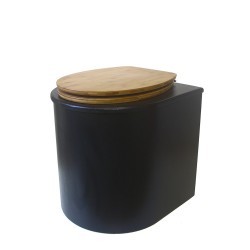Toilette sèche en bois arrondie noire avec seau plastique 22L et bavette inox. Abattant bambou. Modèle rehaussé