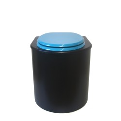 Toilette sèche en bois arrondie noire avec seau plastique 22L et bavette inox. Abattant turquoise. Modèle rehaussé