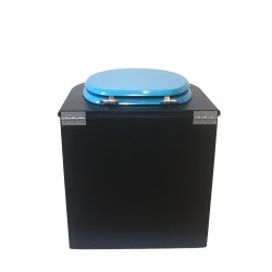 Toilette sèche en bois arrondie noire avec seau plastique 22L et bavette inox. Abattant turquoise. Modèle rehaussé