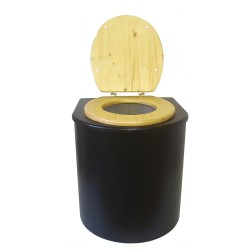 Toilette sèche en bois arrondie noire avec seau plastique 22L et bavette inox. Abattant bois huilé. Modèle rehaussé