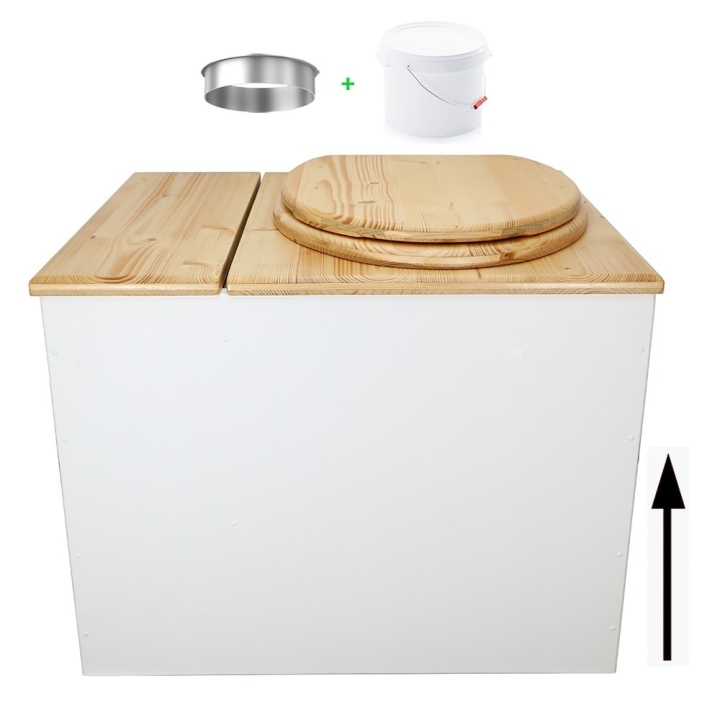 Toilette sèche en bois blanc/huilé avec bac intégré. Livré avec bavette inox et seau 22L. abattant huilé. modèle rehaussé PMR