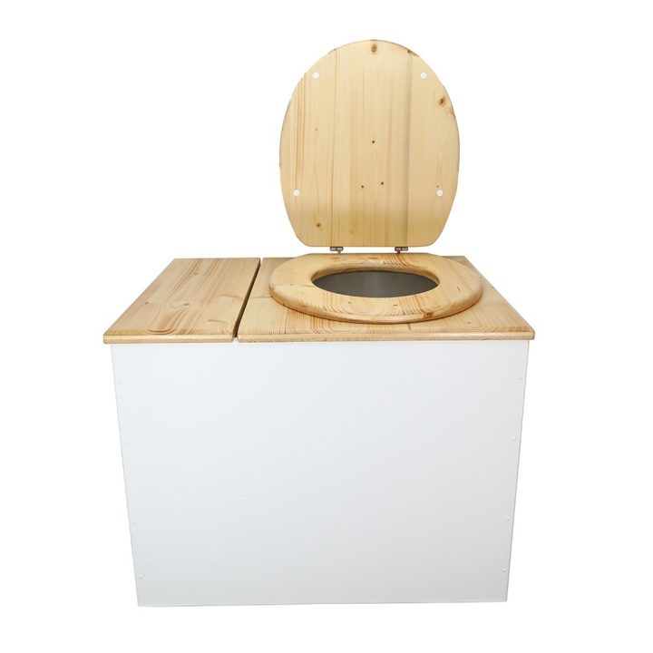  Toilette sèche en bois blanc/huilé avec bac intégré. Livré avec bavette inox et seau 22L. abattant huilé. modèle rehaussé PMR