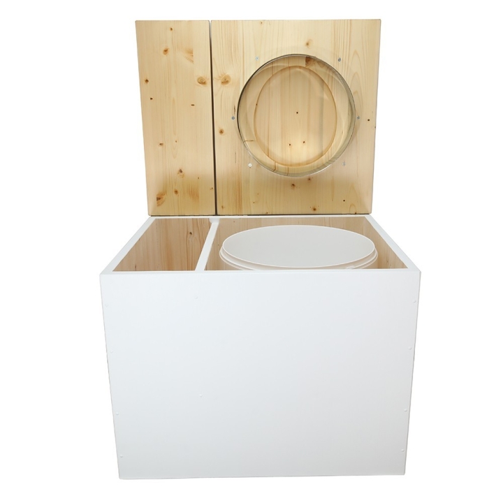  Toilette sèche en bois blanc/huilé avec bac intégré. Livré avec bavette inox et seau 22L. abattant huilé. modèle rehaussé PMR