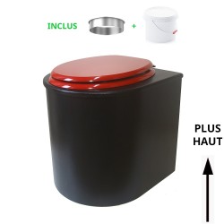 Toilette sèche en bois arrondie noire avec seau plastique 22L et bavette inox. Abattant rouge. Modèle rehaussé