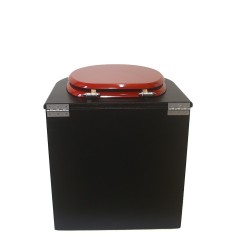 Toilette sèche en bois arrondie noire avec seau plastique 22L et bavette inox. Abattant rouge. Modèle rehaussé