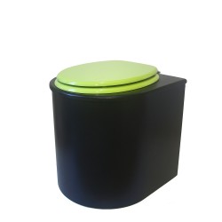 Toilette sèche en bois arrondie noire avec seau plastique 22L et bavette inox. Abattant vert. Modèle rehaussé
