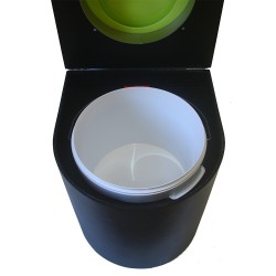 Toilette sèche en bois arrondie noire avec seau plastique 22L et bavette inox. Abattant vert. Modèle rehaussé