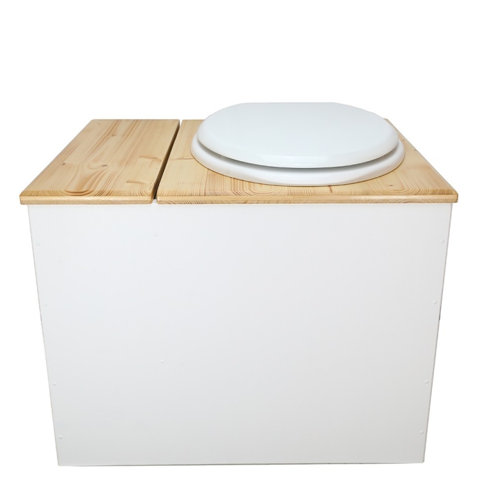  Toilette sèche en bois blanc/huilé avec bac intégré. Livré avec bavette inox et seau 22L. abattant blanc. modèle rehaussé PMR
