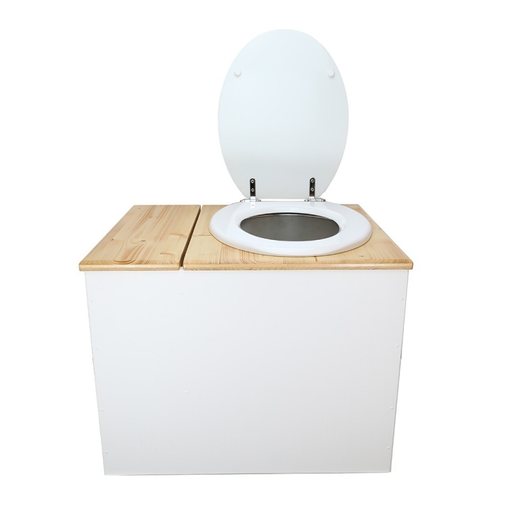  Toilette sèche en bois blanc/huilé avec bac intégré. Livré avec bavette inox et seau 22L. abattant blanc. modèle rehaussé PMR