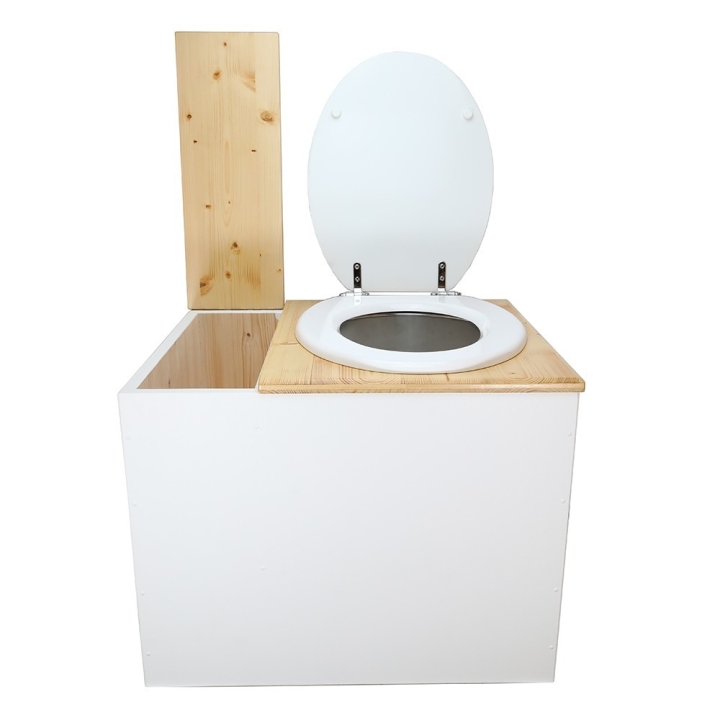  Toilette sèche en bois blanc/huilé avec bac intégré. Livré avec bavette inox et seau 22L. abattant blanc. modèle rehaussé PMR