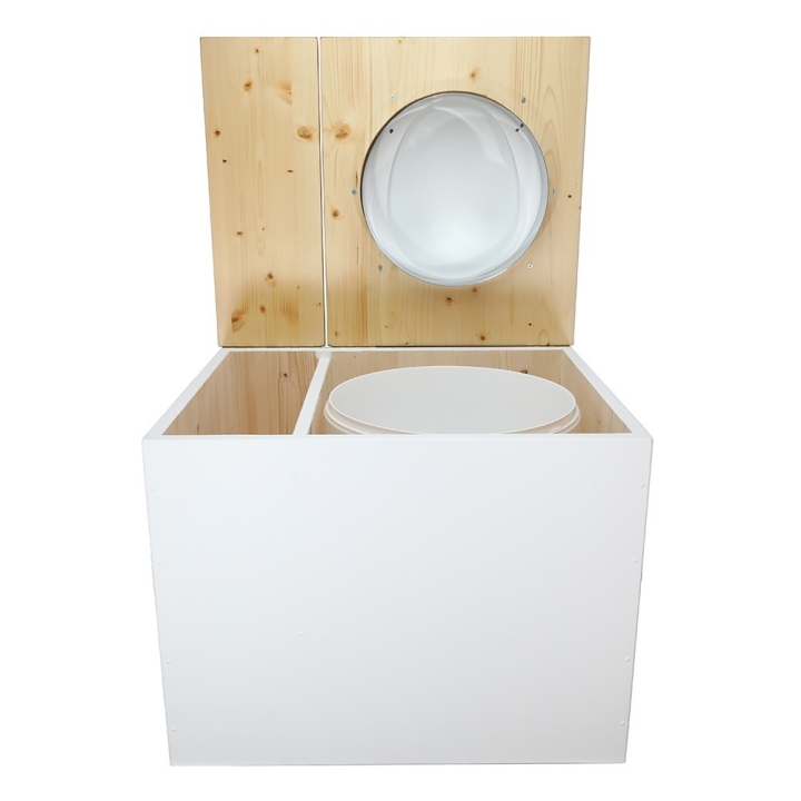  Toilette sèche en bois blanc/huilé avec bac intégré. Livré avec bavette inox et seau 22L. abattant blanc. modèle rehaussé PMR