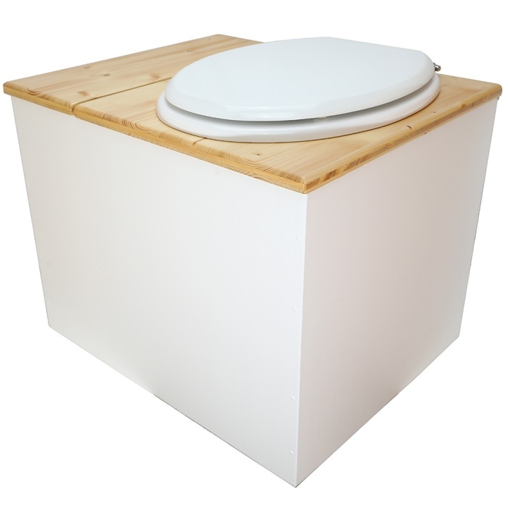  Toilette sèche en bois blanc/huilé avec bac intégré. Livré avec bavette inox et seau 22L. abattant blanc. modèle rehaussé PMR